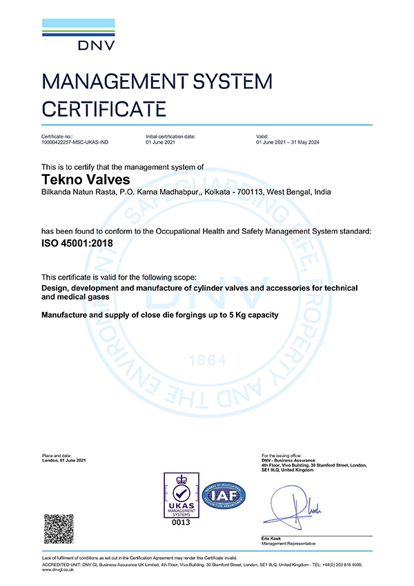 Tekno Valves receives Management System Certification for ISO 45001 on Occupational Health and Safety